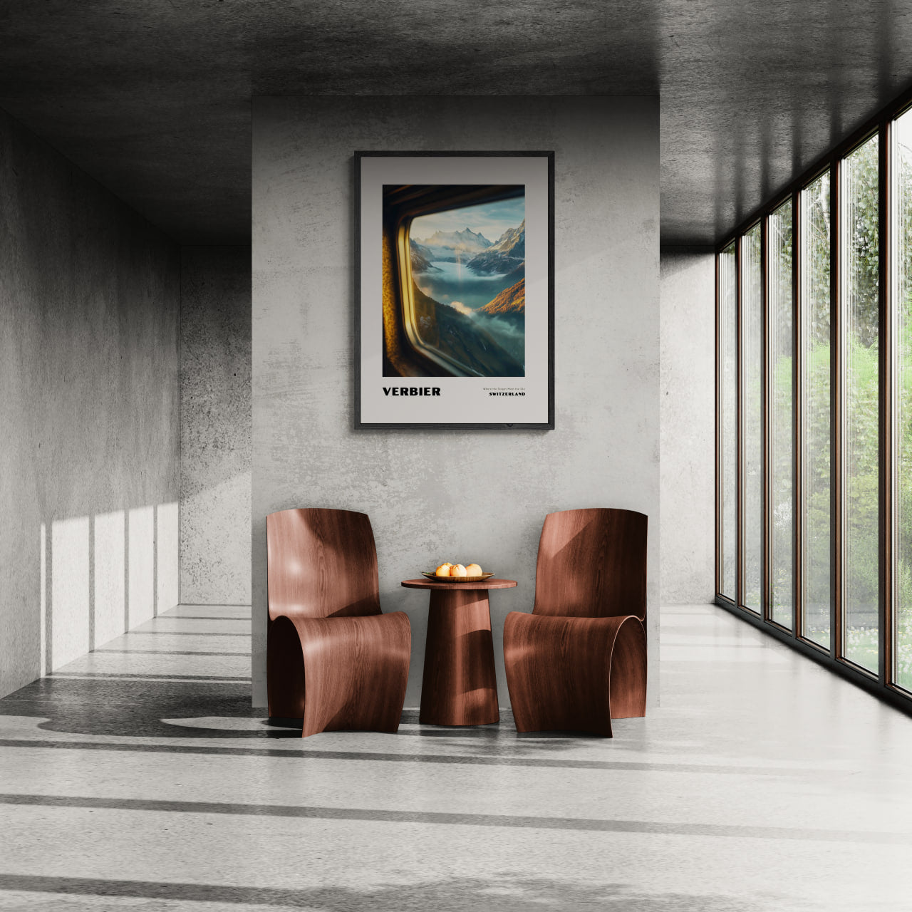 Verbier - Where the Slopes Meet the Sky - Poster displayed in a modern interior setting with brown furniture.