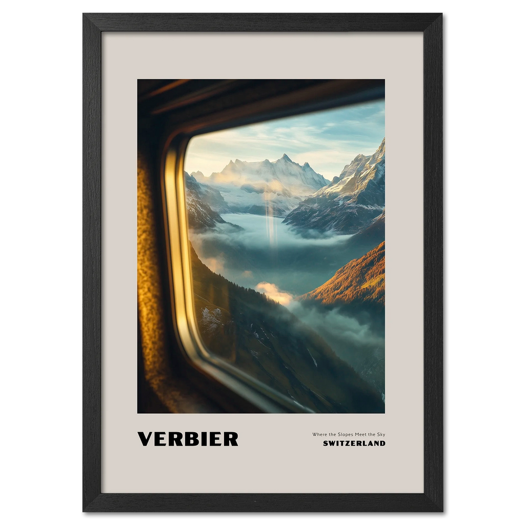 Verbier - Where the Slopes Meet the Sky - Poster showcasing serene alpine landscape through a train window.