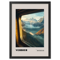 Verbier - Where the Slopes Meet the Sky - Poster showcasing serene alpine landscape through a train window.