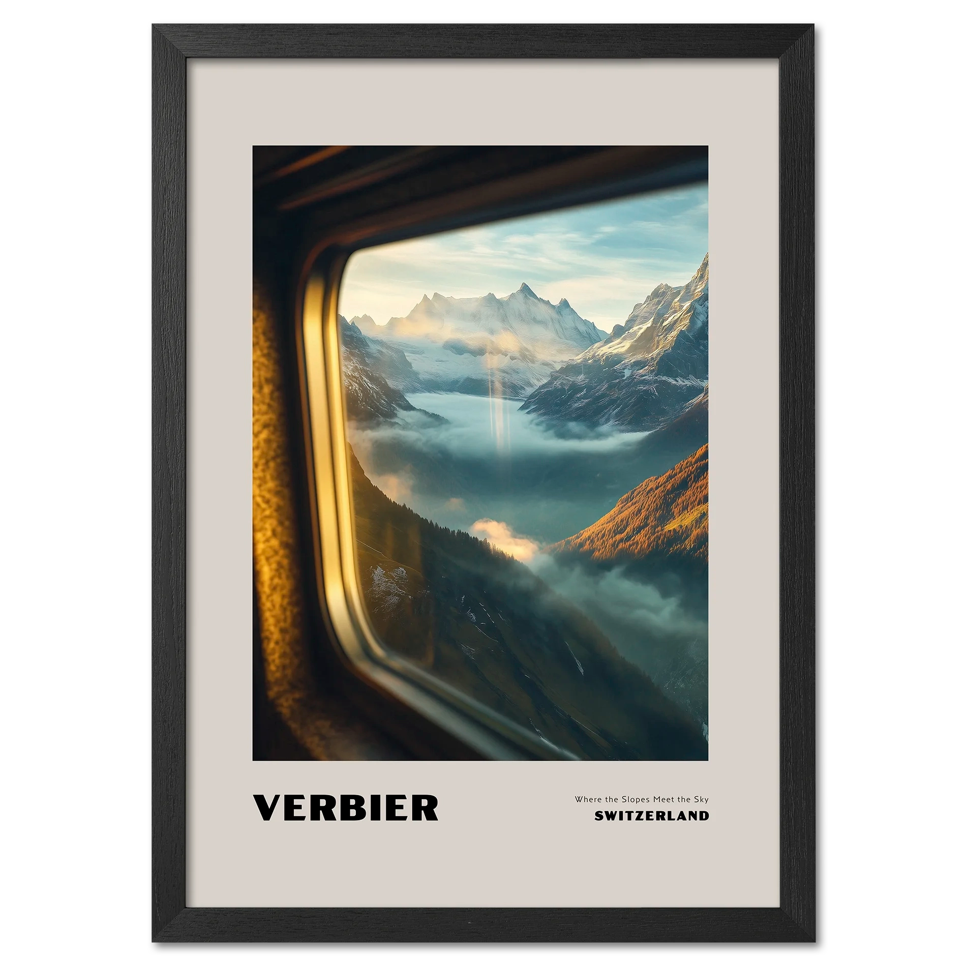 Verbier - Where the Slopes Meet the Sky - Poster showcasing serene alpine landscape through a train window.