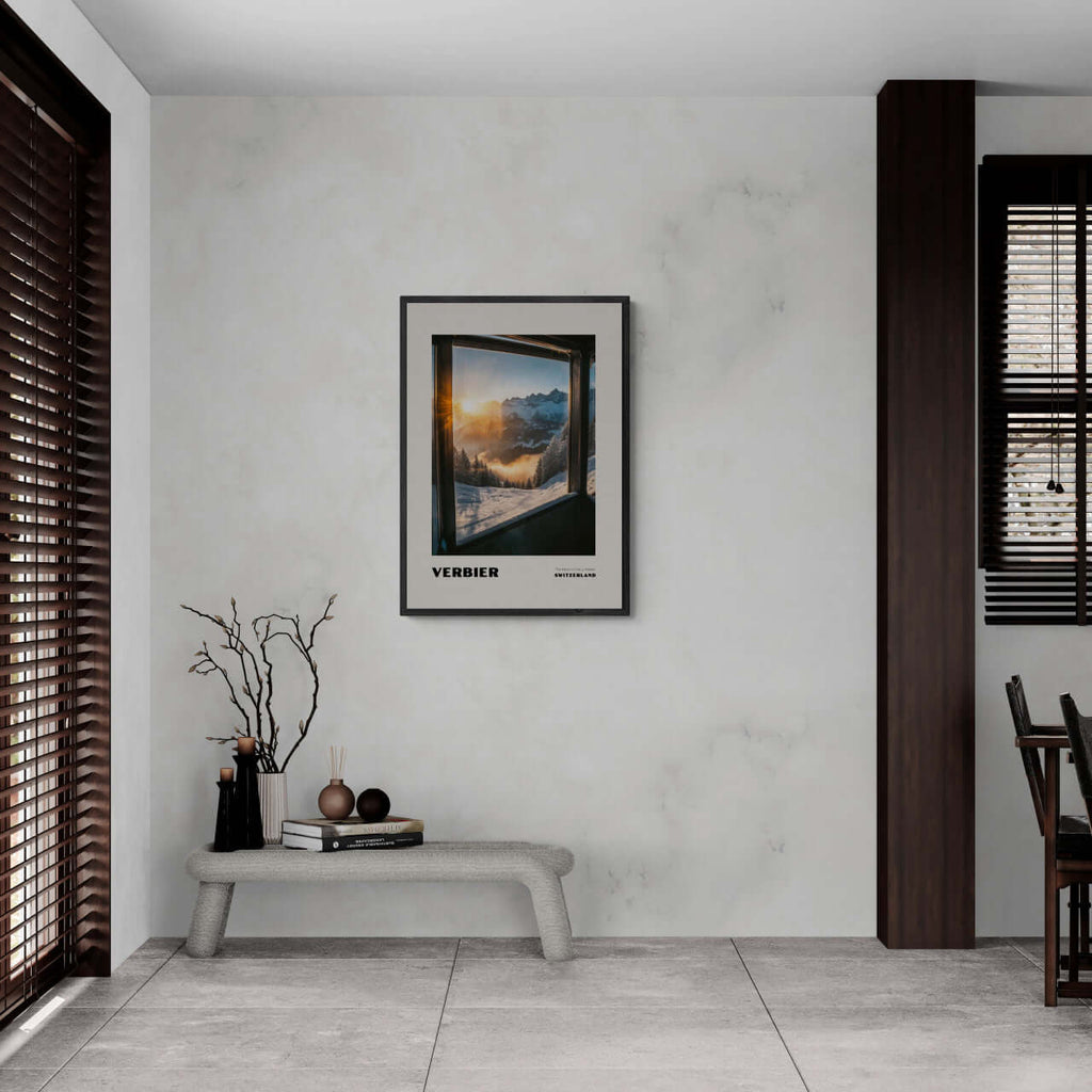 Verbier - The Heart of the 4 Vallées - Poster displayed in a modern interior, showcasing stunning mountain views.