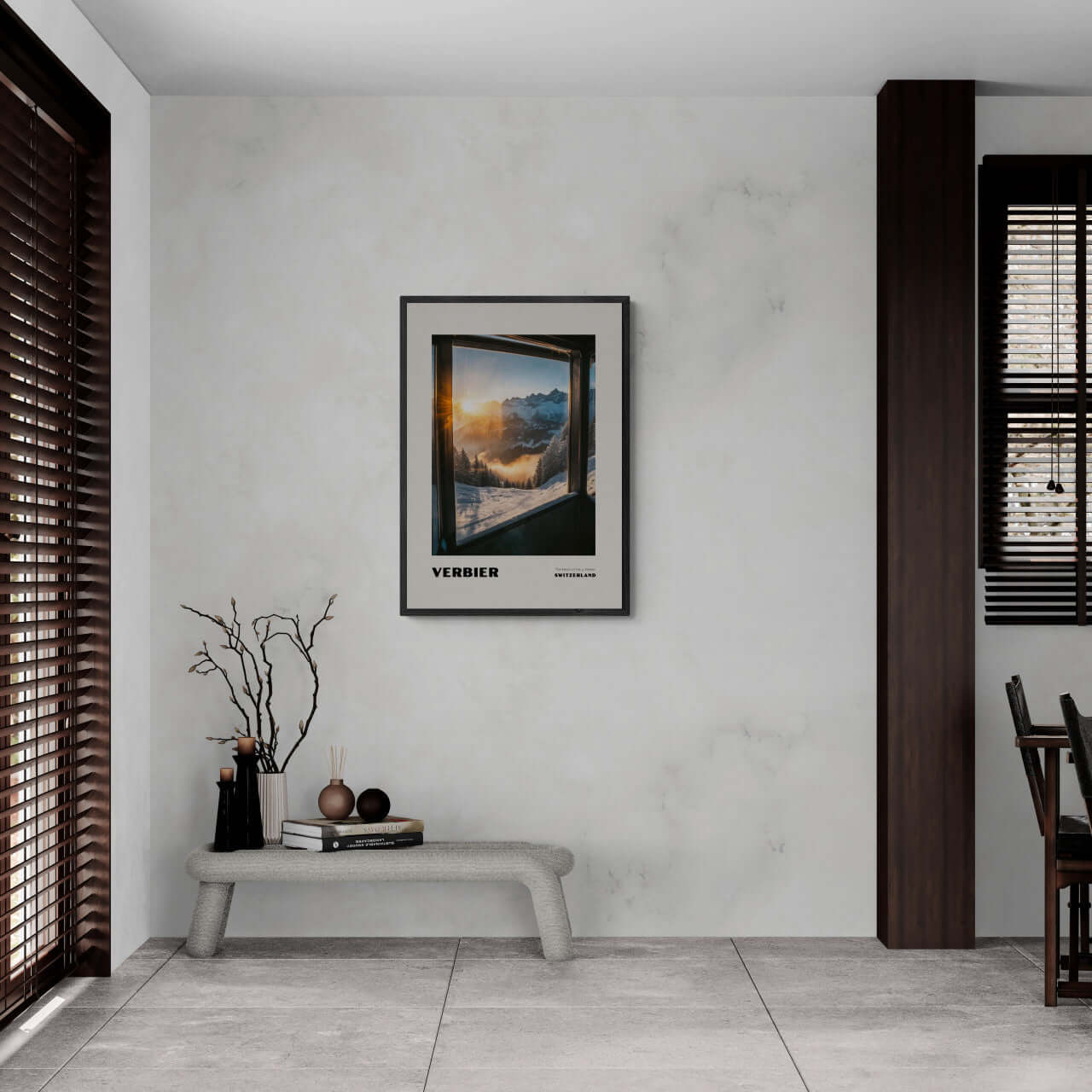 Verbier - The Heart of the 4 Vallées - Poster displayed in a modern interior, showcasing stunning mountain views.