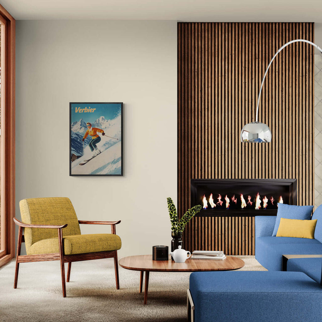 Verbier - Stylish Skier - Poster showcased in a modern living room, paired with stylish furniture and decor.