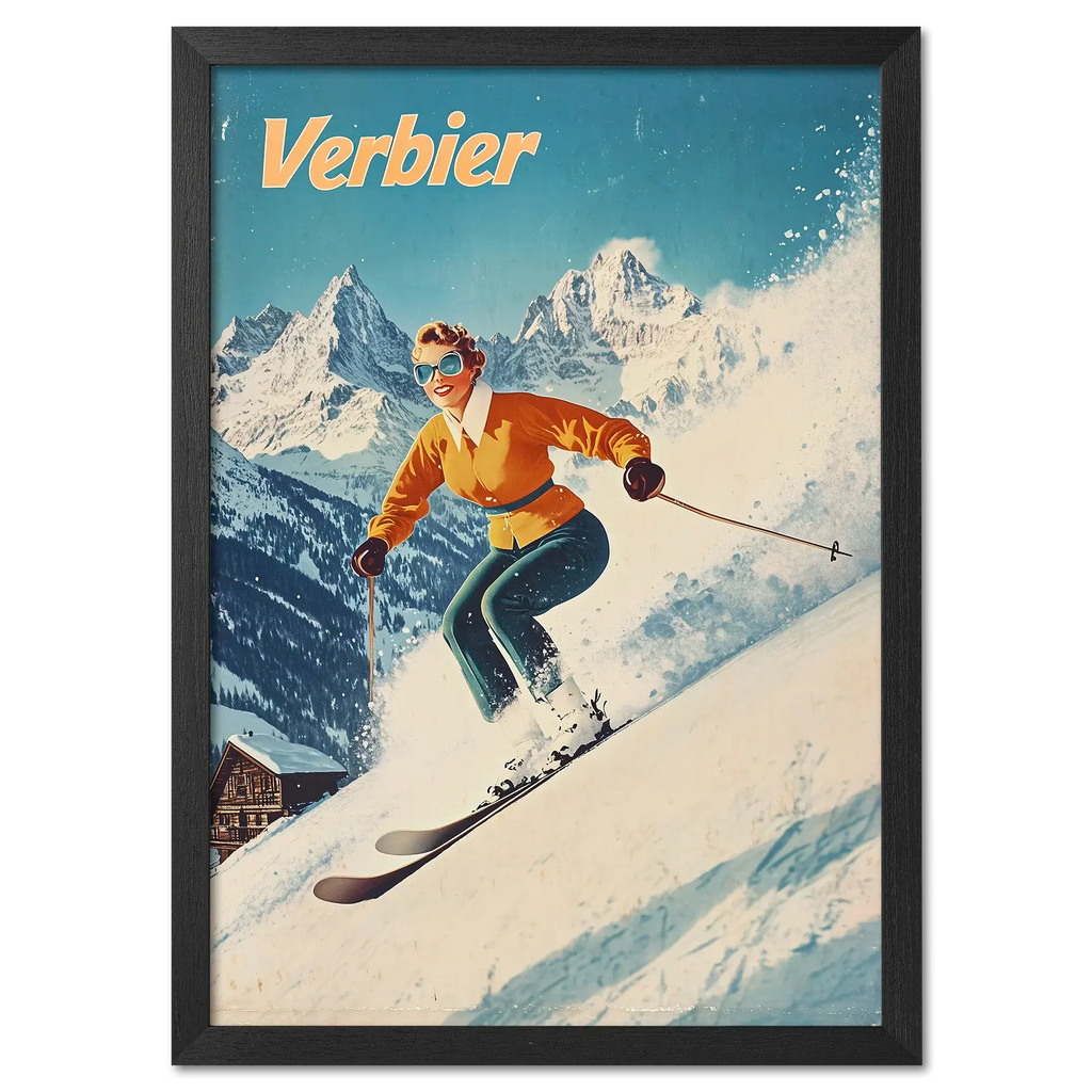 Verbier - Stylish Skier - Poster showcasing a skier gracefully carving through fresh snow in a vibrant alpine scene.