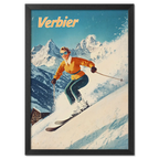 Verbier - Stylish Skier - Poster showcasing a skier gracefully carving through fresh snow in a vibrant alpine scene.