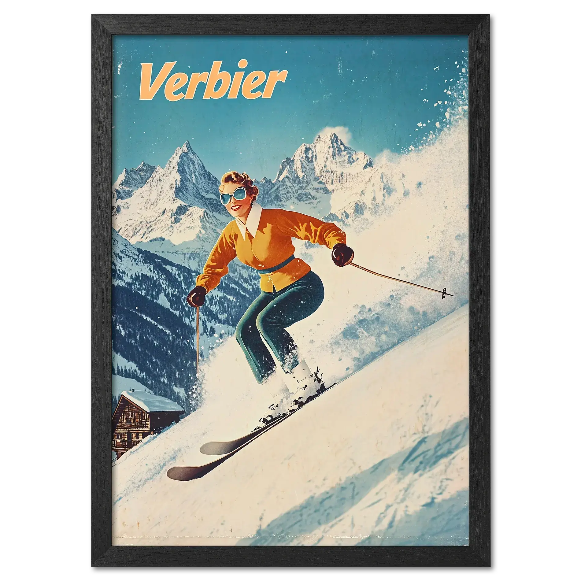 Verbier - Stylish Skier - Poster showcasing a skier gracefully carving through fresh snow in a vibrant alpine scene.