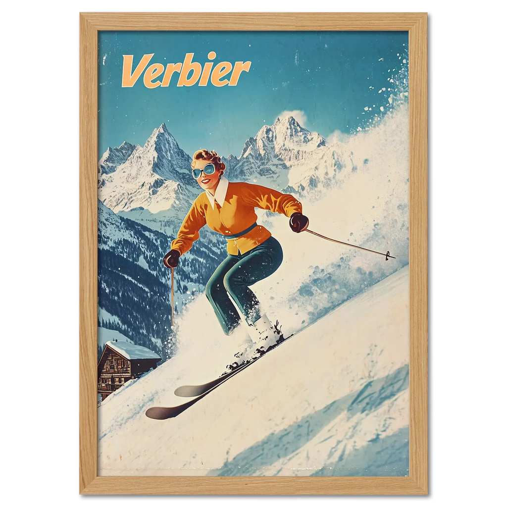 Verbier - Stylish Skier - Poster featuring a skier in vibrant outfit carving through fresh snow in an alpine landscape.