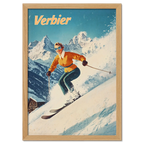 Verbier - Stylish Skier - Poster featuring a skier in vibrant outfit carving through fresh snow in an alpine landscape.
