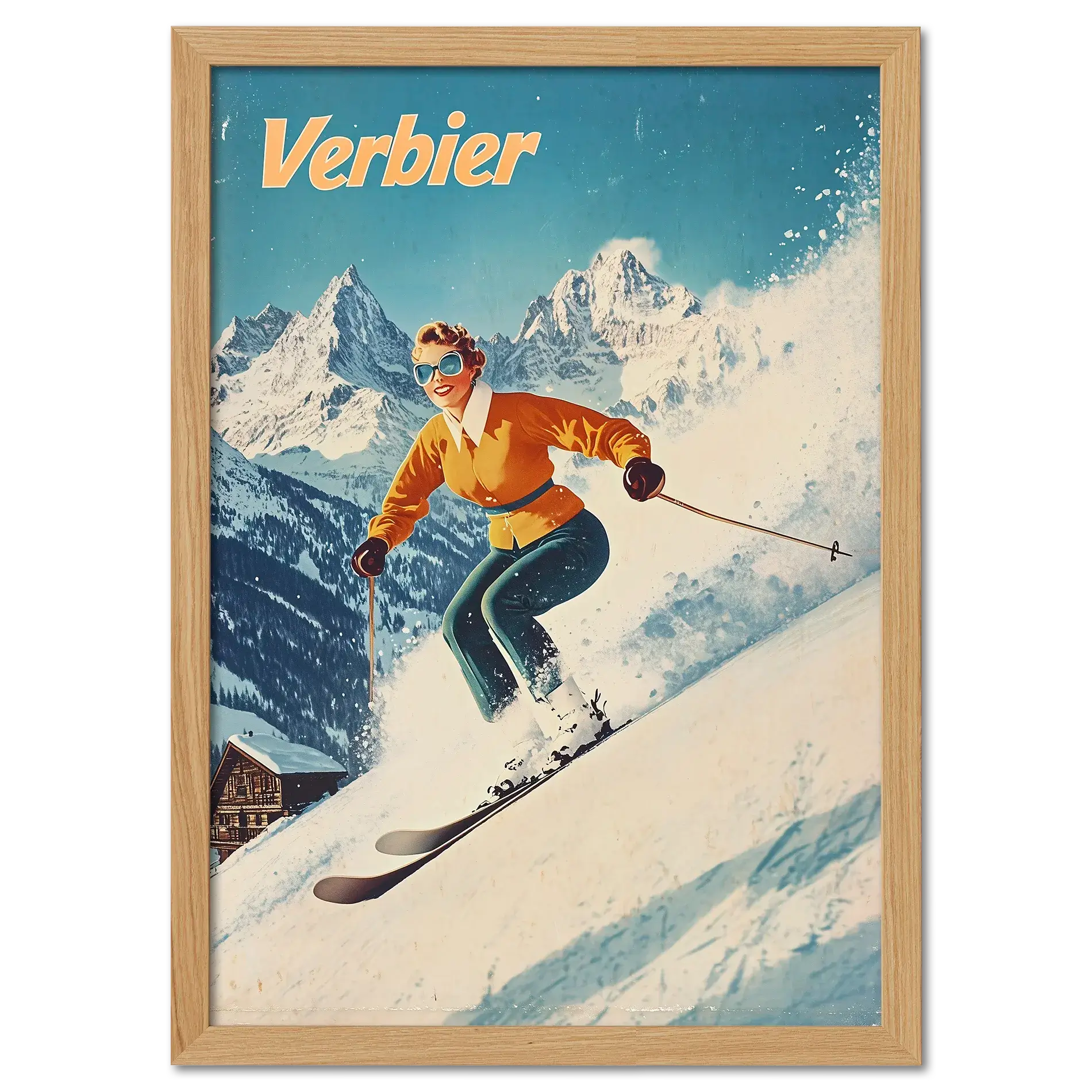 Verbier - Stylish Skier - Poster featuring a skier in vibrant outfit carving through fresh snow in an alpine landscape.