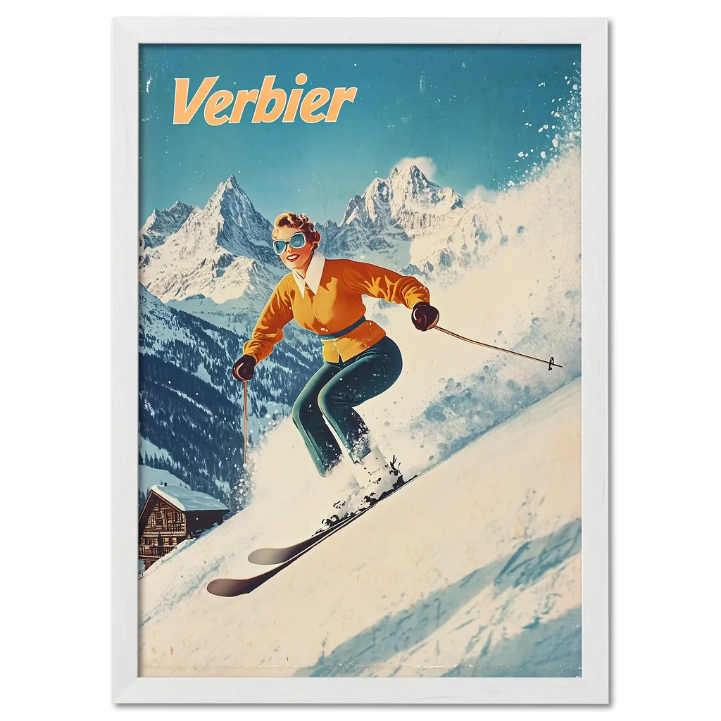 Verbier - Stylish Skier - Poster featuring a skier carving through snow with beautiful alpine mountains in the background.