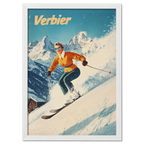 Verbier - Stylish Skier - Poster featuring a skier carving through snow with beautiful alpine mountains in the background.