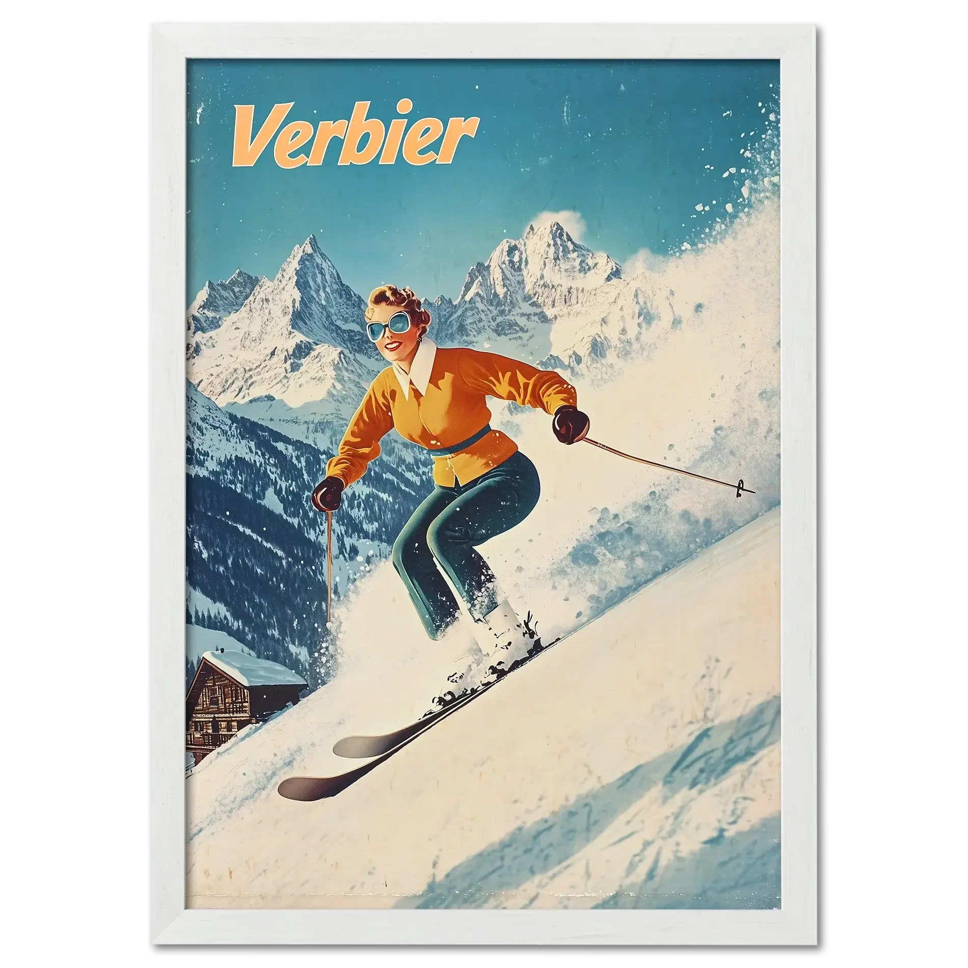 Verbier - Stylish Skier - Poster featuring a skier carving through snow with beautiful alpine mountains in the background.
