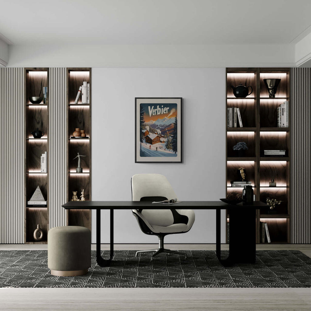Verbier Vista - Poster displayed in a modern office with stylish shelving and a sleek desk, enhancing the decor.