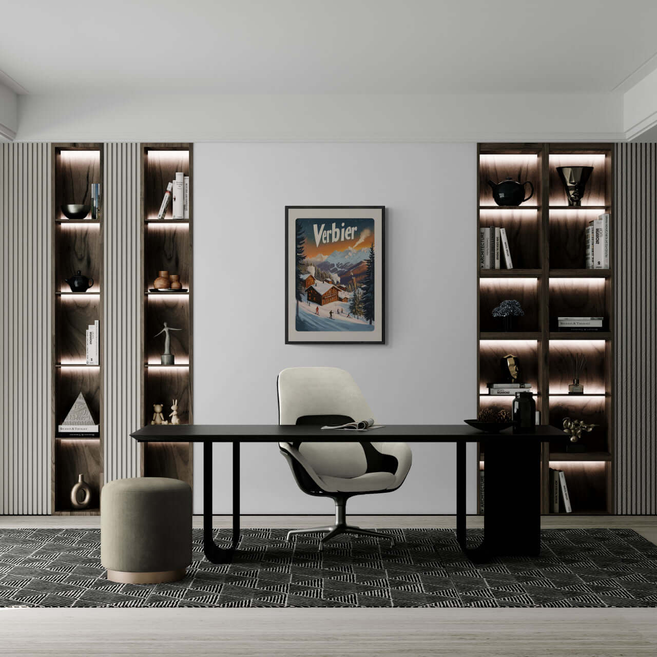 Verbier Vista - Poster displayed in a modern office with stylish shelving and a sleek desk, enhancing the decor.