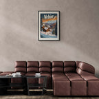 Verbier Vista - Poster framed above a modern couch, showcasing warm chalets amidst winter scenery.