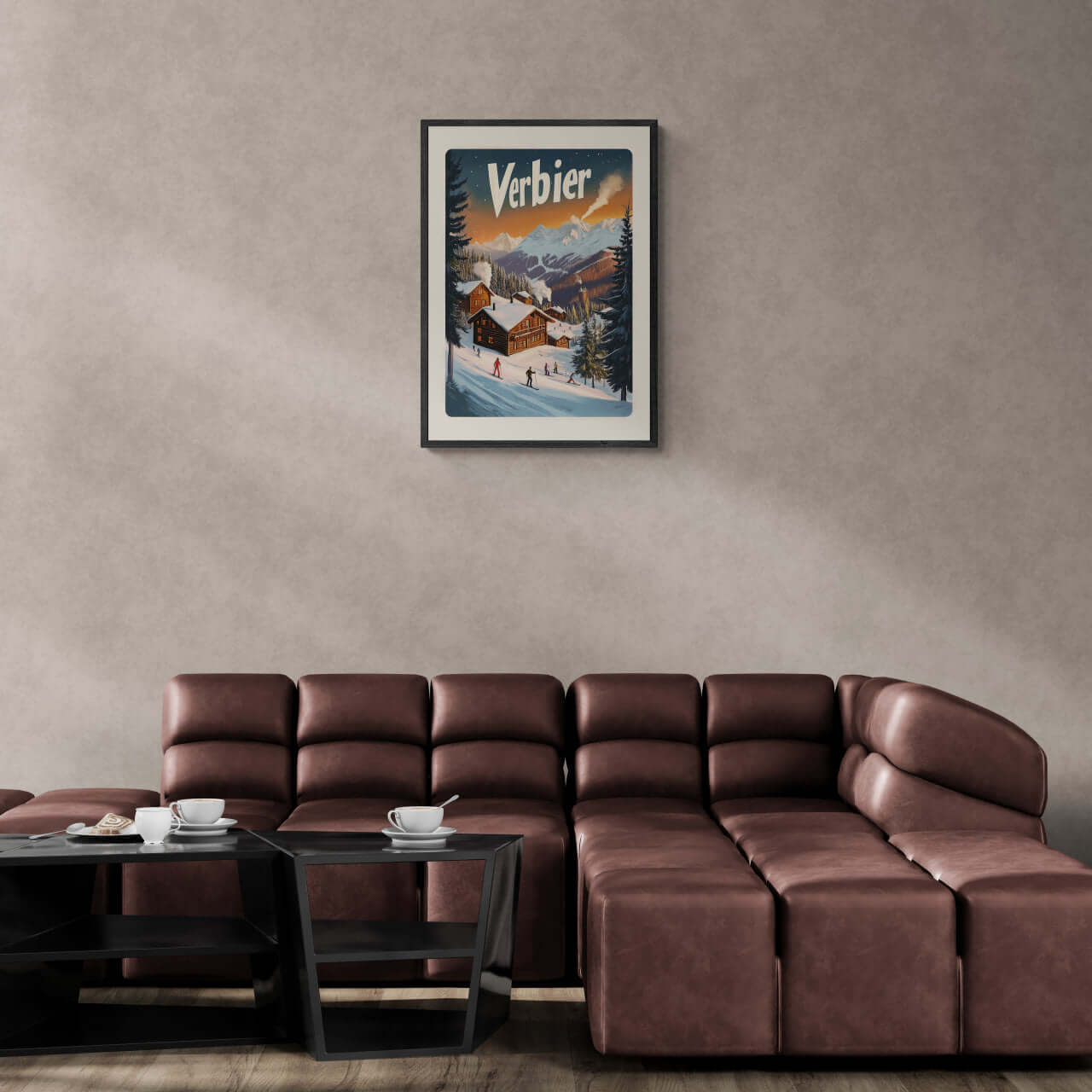 Verbier Vista - Poster framed above a modern couch, showcasing warm chalets amidst winter scenery.