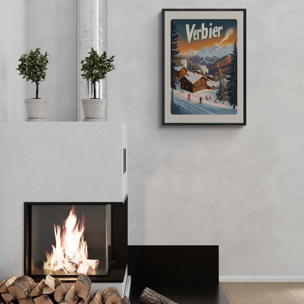 Verbier Vista - Poster displayed above a modern fireplace, showcasing winter alpine charm and cozy ambiance.