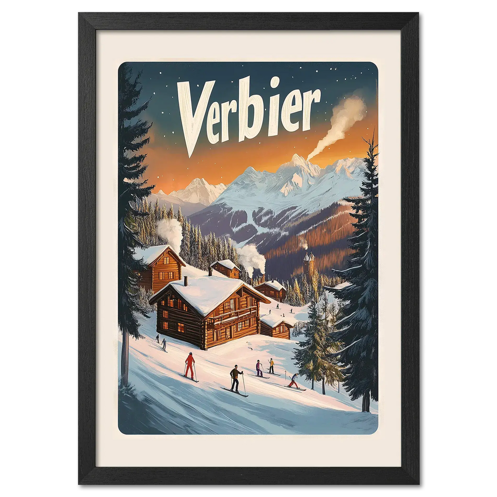 Verbier Vista - Poster showcasing wooden chalets and skiers on a snow-covered slope at sunset.