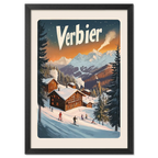 Verbier Vista - Poster showcasing wooden chalets and skiers on a snow-covered slope at sunset.