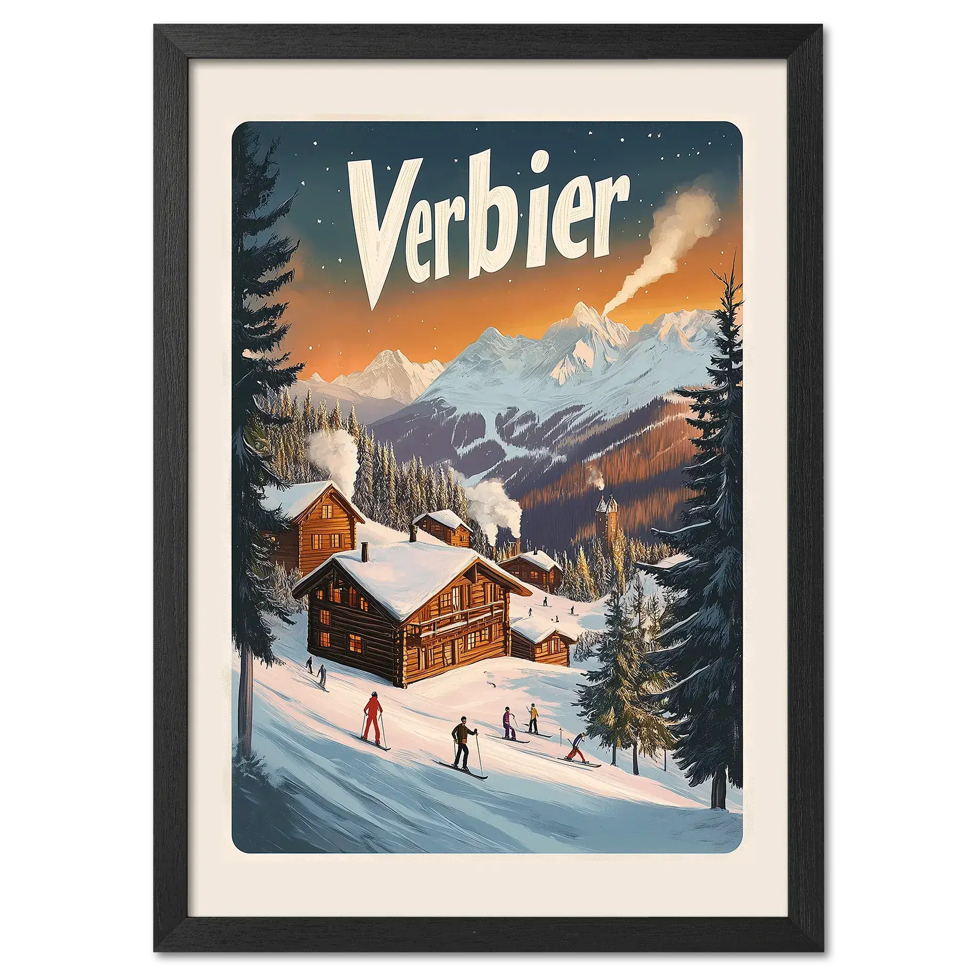Verbier Vista - Poster showcasing wooden chalets and skiers on a snow-covered slope at sunset.