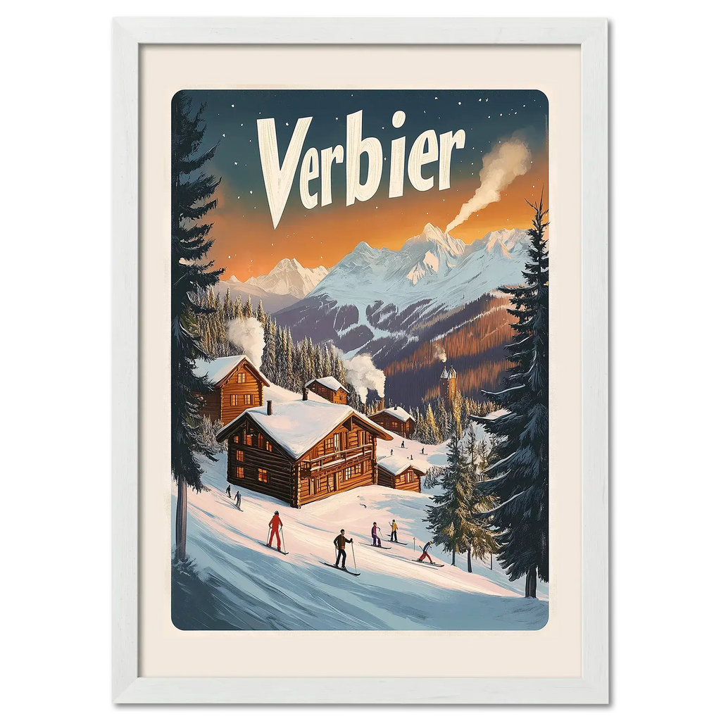 Verbier Vista - Poster featuring wooden chalets and skiers in a snowy winter landscape.