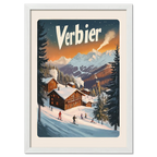 Verbier Vista - Poster featuring wooden chalets and skiers in a snowy winter landscape.