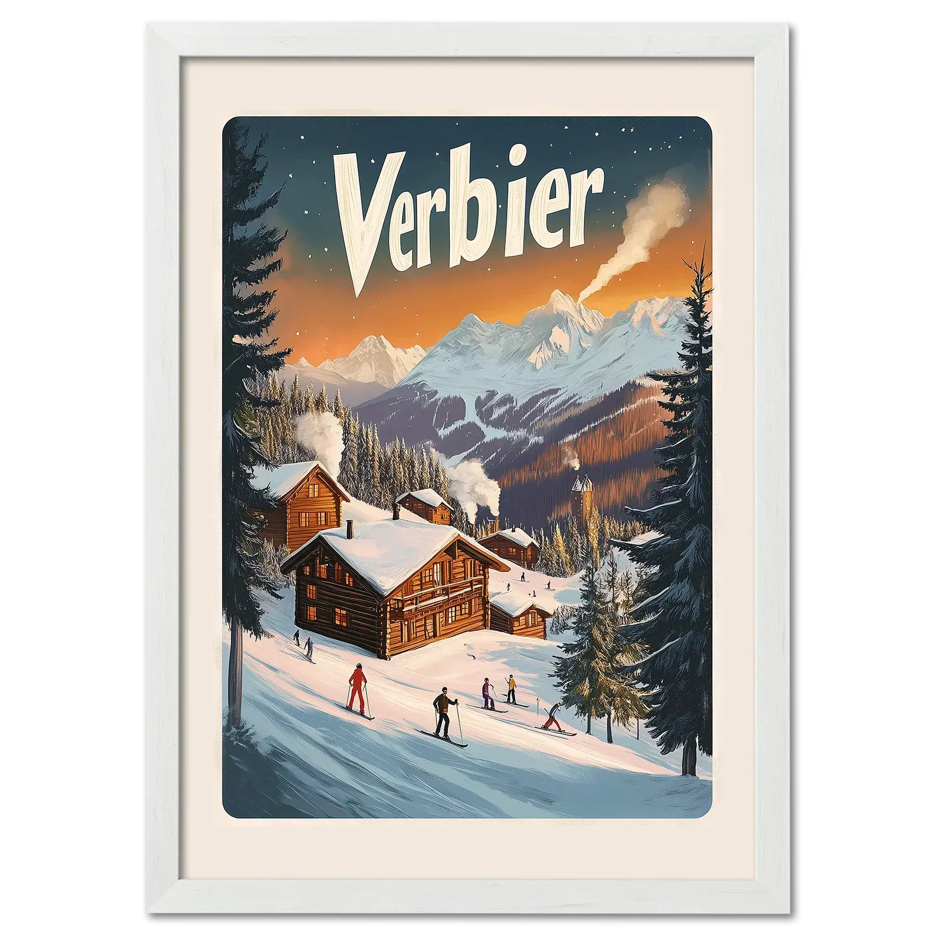 Verbier Vista - Poster featuring wooden chalets and skiers in a snowy winter landscape.