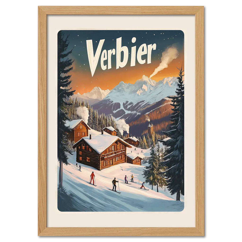 Verbier Vista - Poster featuring chalets, skiers, and a scenic winter sunset in the Swiss Alps.