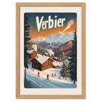 Verbier Vista - Poster featuring chalets, skiers, and a scenic winter sunset in the Swiss Alps.