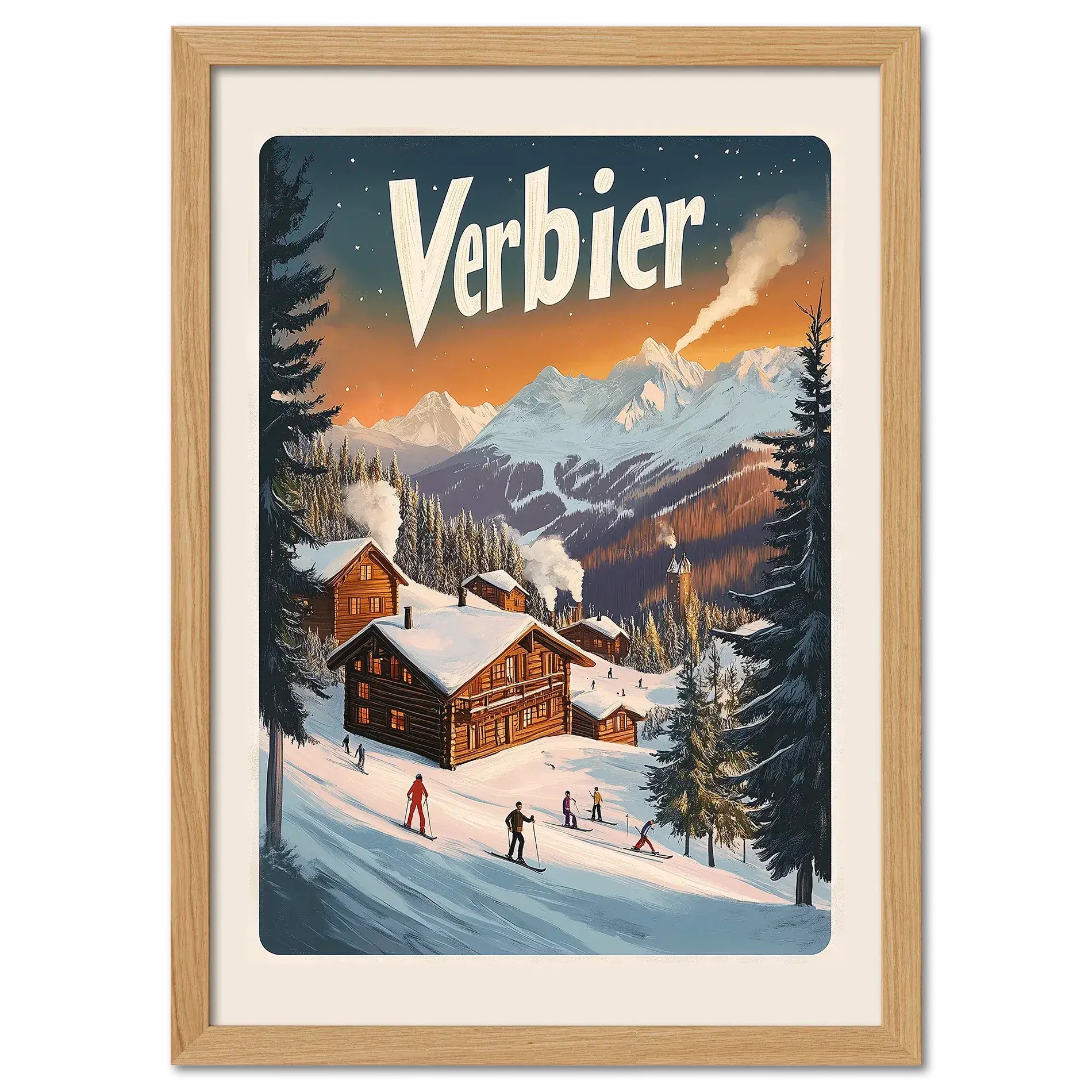 Verbier Vista - Poster featuring chalets, skiers, and a scenic winter sunset in the Swiss Alps.
