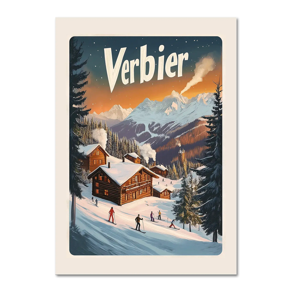 Verbier Vista - Poster showcasing wooden chalets in a snowy landscape with skiers and mountains in the background.