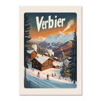 Verbier Vista - Poster showcasing wooden chalets in a snowy landscape with skiers and mountains in the background.