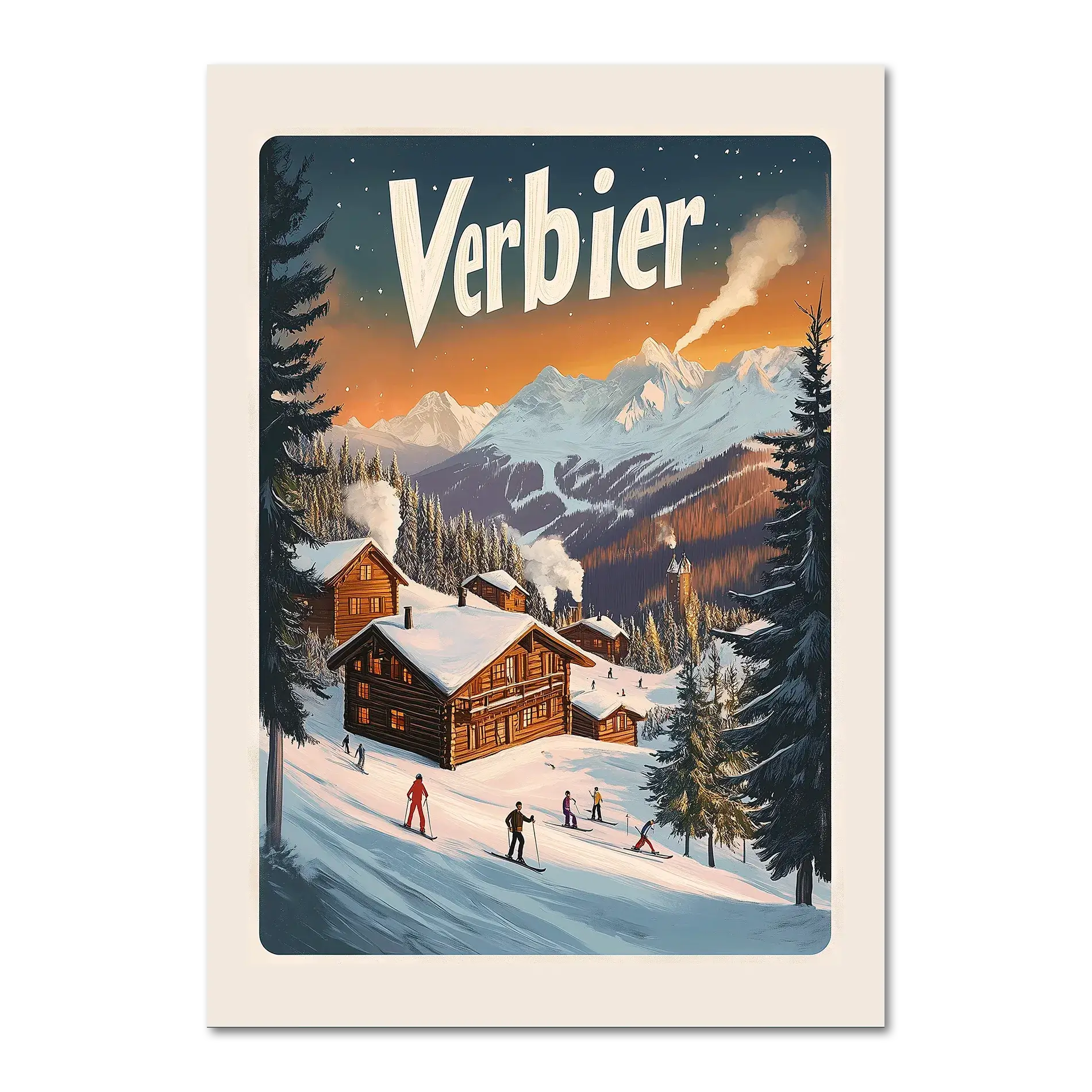 Verbier Vista - Poster showcasing wooden chalets in a snowy landscape with skiers and mountains in the background.