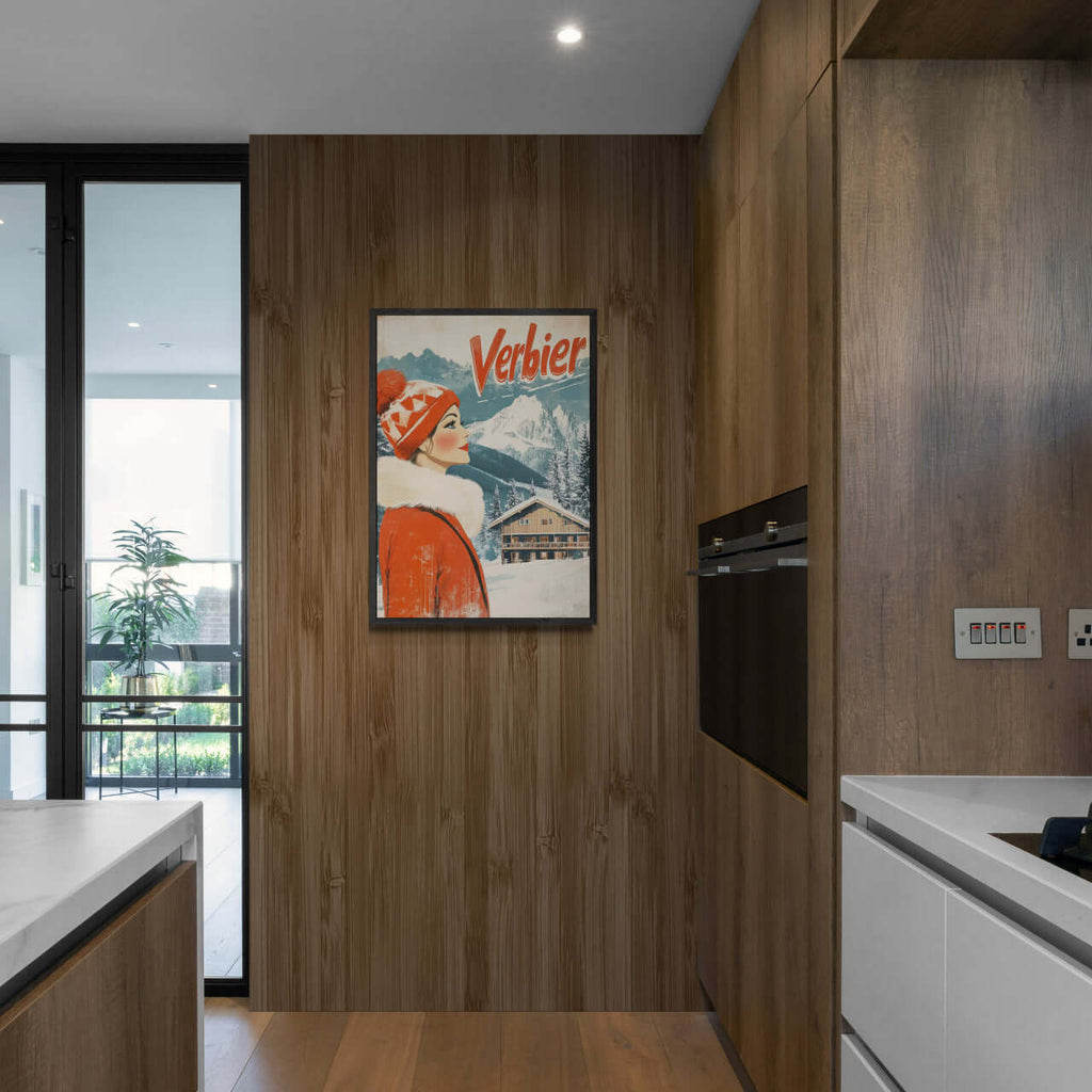 Verbier - Winter Elegance - Poster displayed in a modern kitchen with wooden cabinetry and natural light.