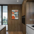 Verbier - Winter Elegance - Poster displayed in a modern kitchen with wooden cabinetry and natural light.