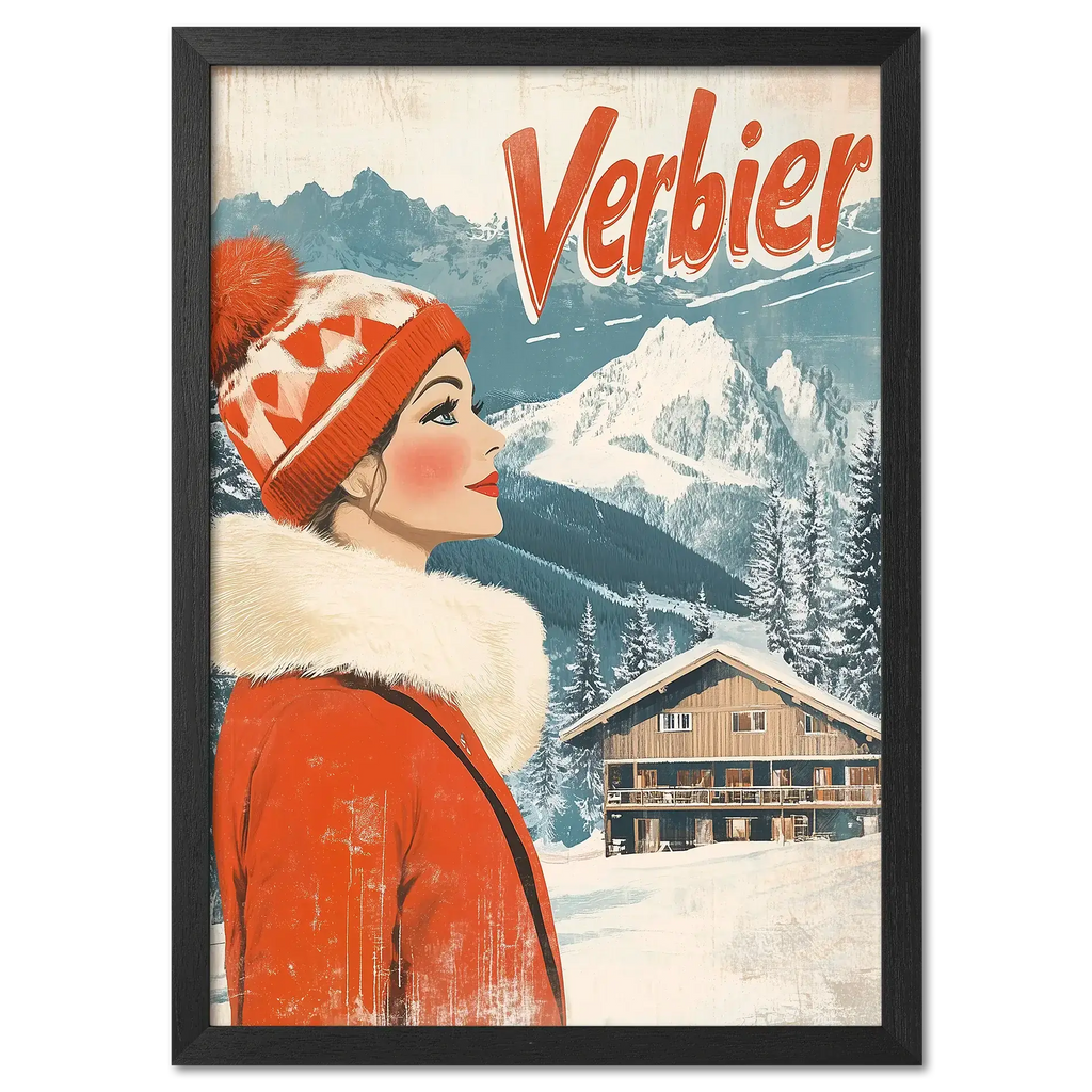 Verbier - Winter Elegance - Poster featuring a woman in a red coat by snowy mountains and a wooden chalet.