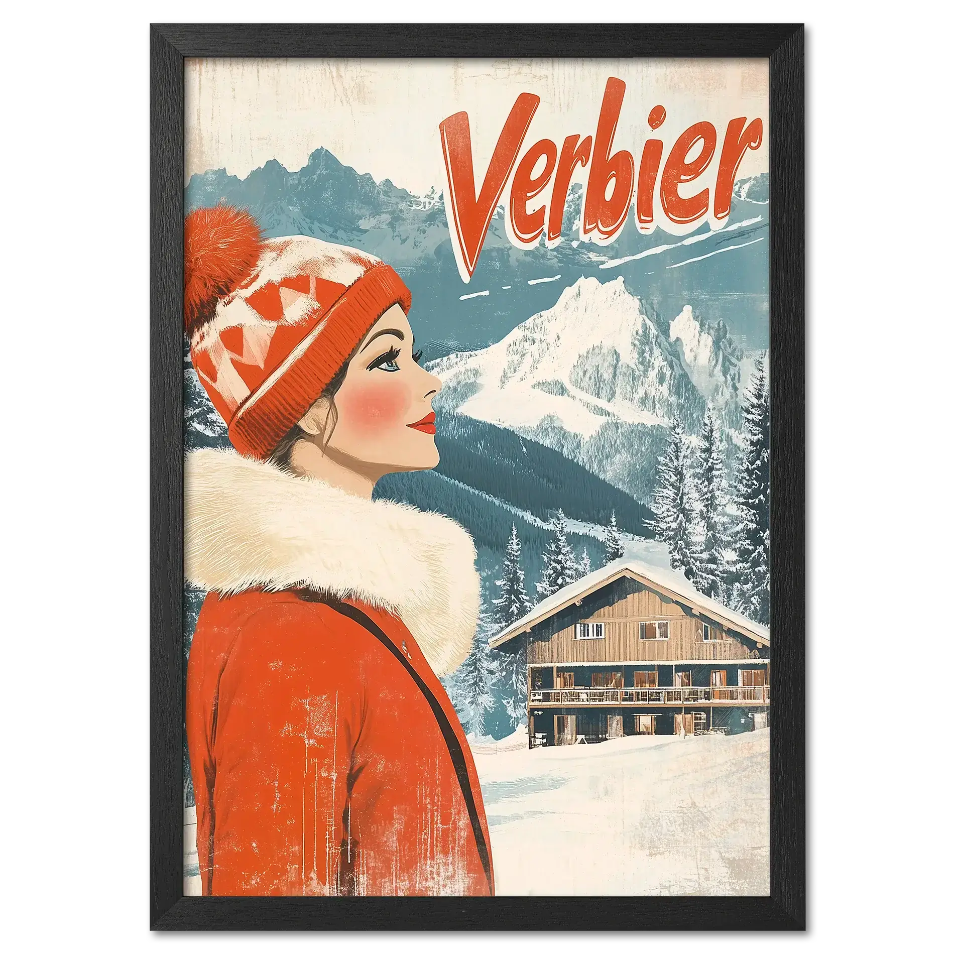 Verbier - Winter Elegance - Poster featuring a woman in a red coat by snowy mountains and a wooden chalet.