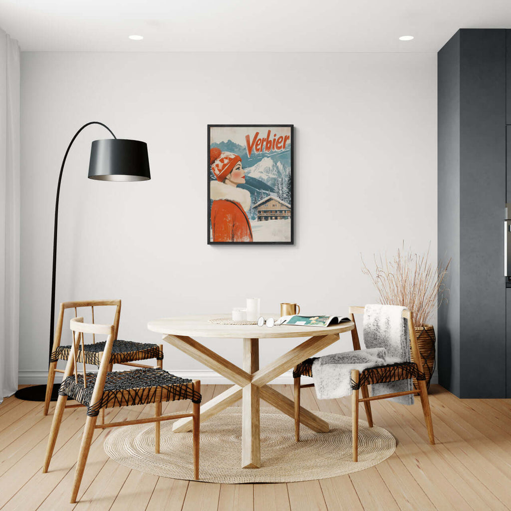 Verbier - Winter Elegance - Poster displayed in a modern minimalist dining room with stylish decor.