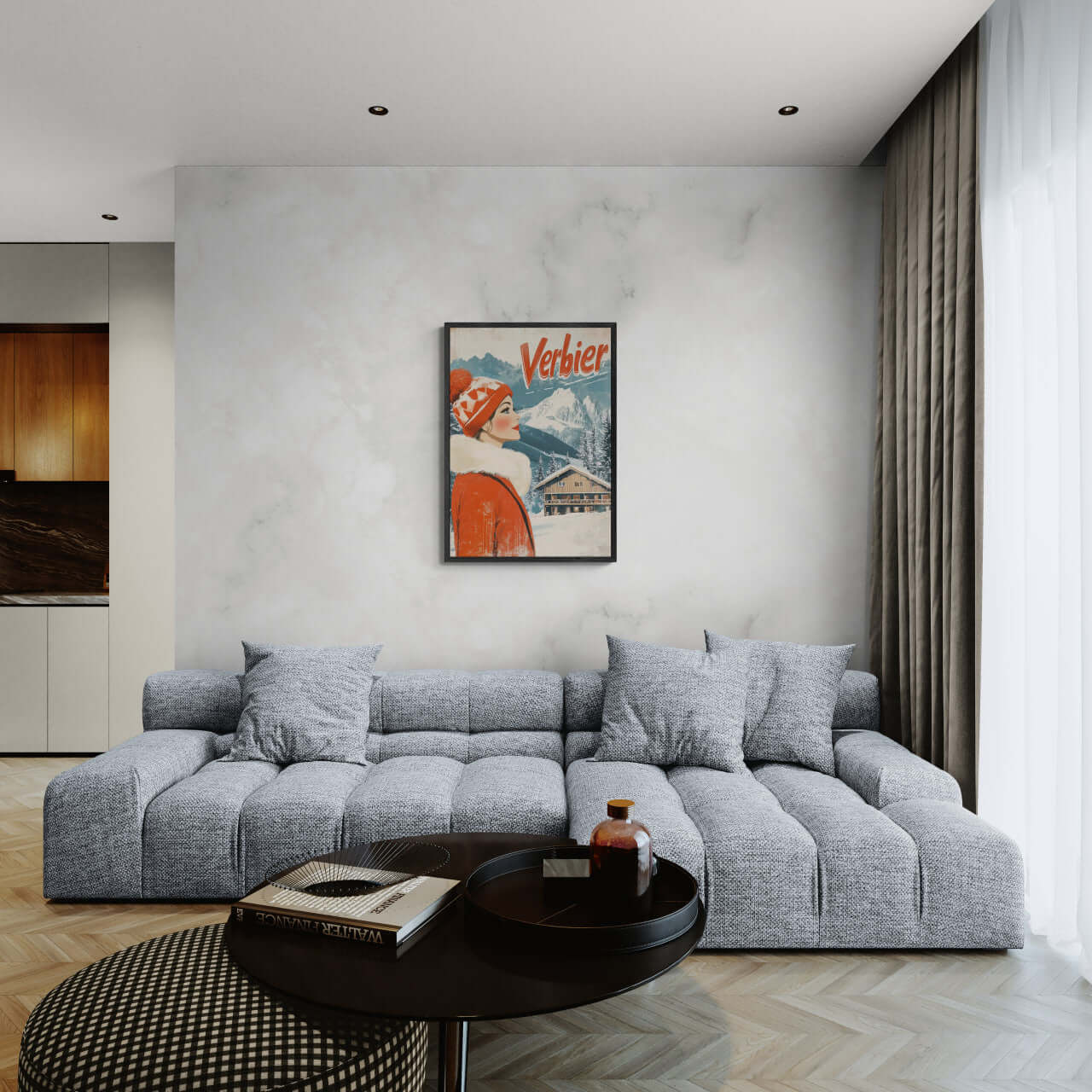 Verbier - Winter Elegance - Poster displayed in a modern living room above a cozy gray sofa.