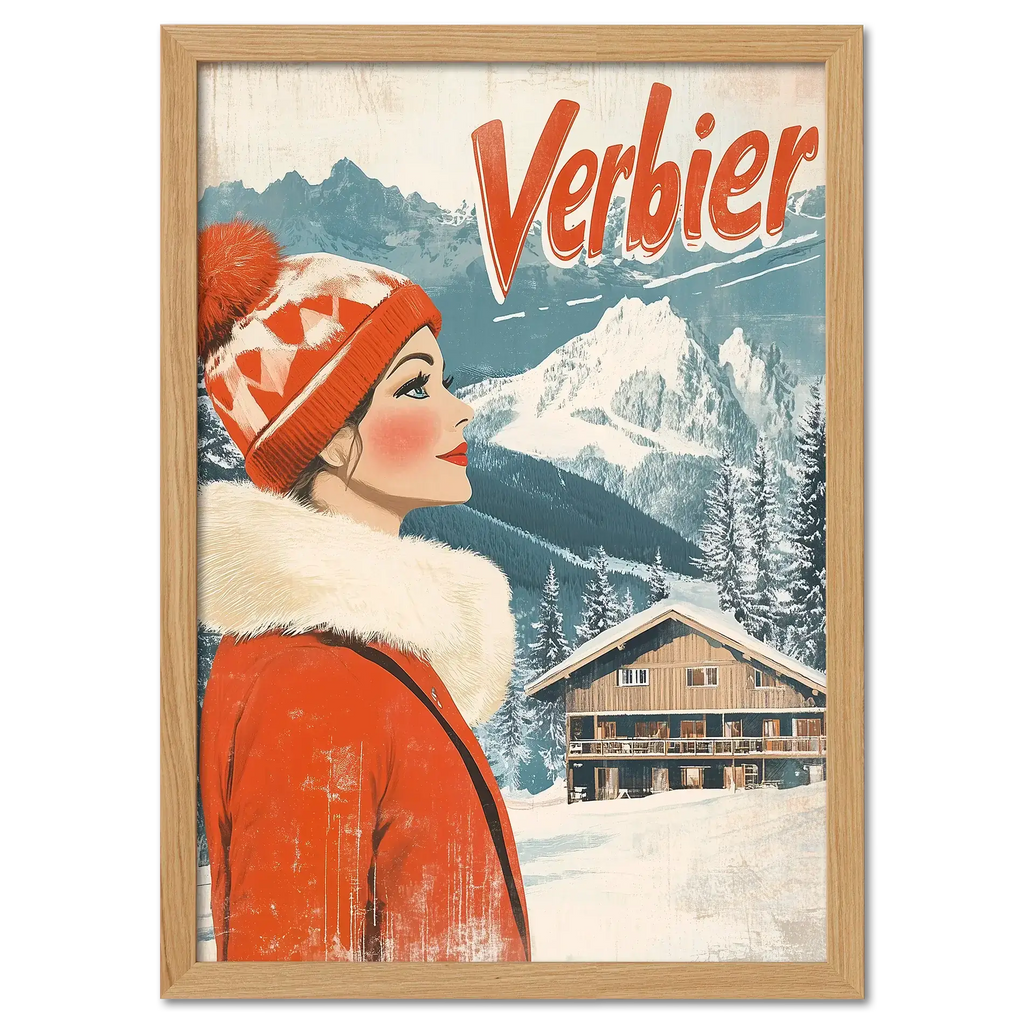 Verbier - Winter Elegance - Poster featuring a woman in a red coat against snowy mountains and a chalet.