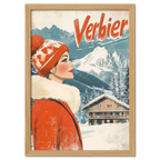Verbier - Winter Elegance - Poster featuring a woman in a red coat against snowy mountains and a chalet.