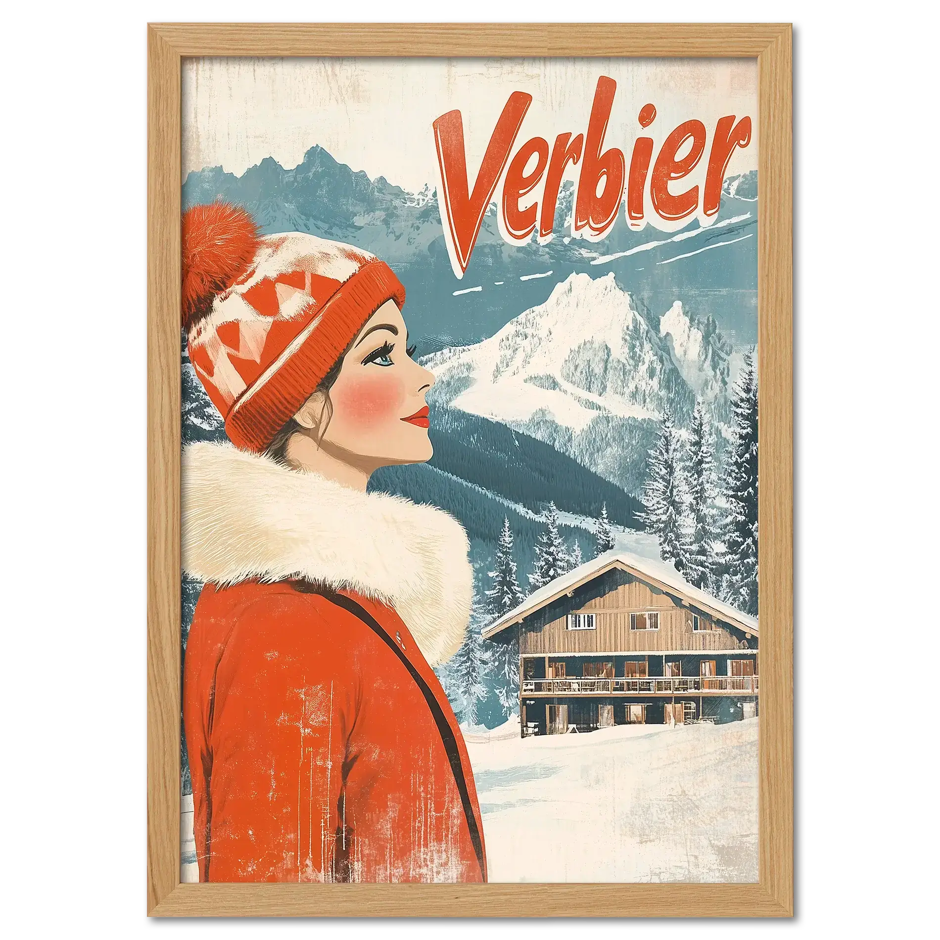 Verbier - Winter Elegance - Poster featuring a woman in a red coat against snowy mountains and a chalet.