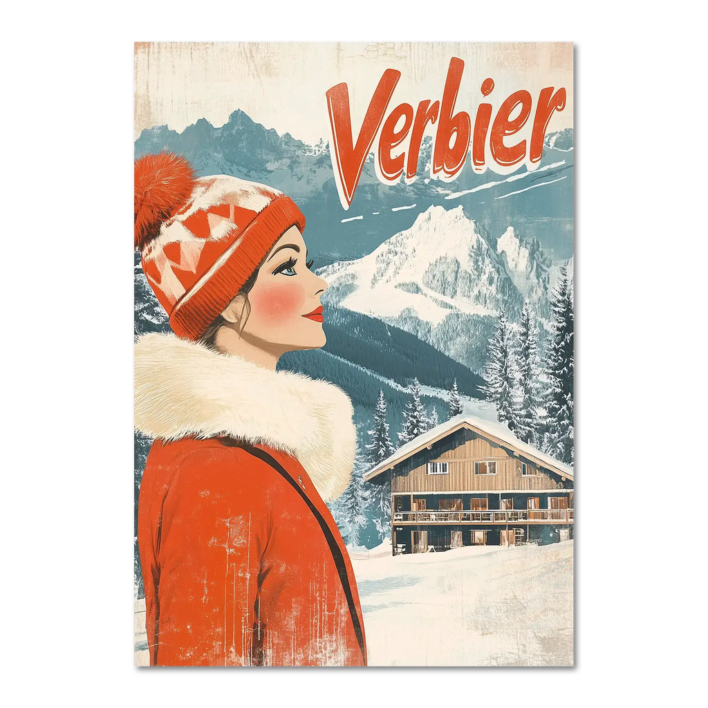 Verbier - Winter Elegance - Poster features a woman in red coat gazing at snowy mountains with a cozy chalet.
