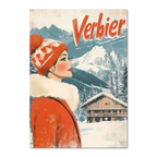 Verbier - Winter Elegance - Poster features a woman in red coat gazing at snowy mountains with a cozy chalet.