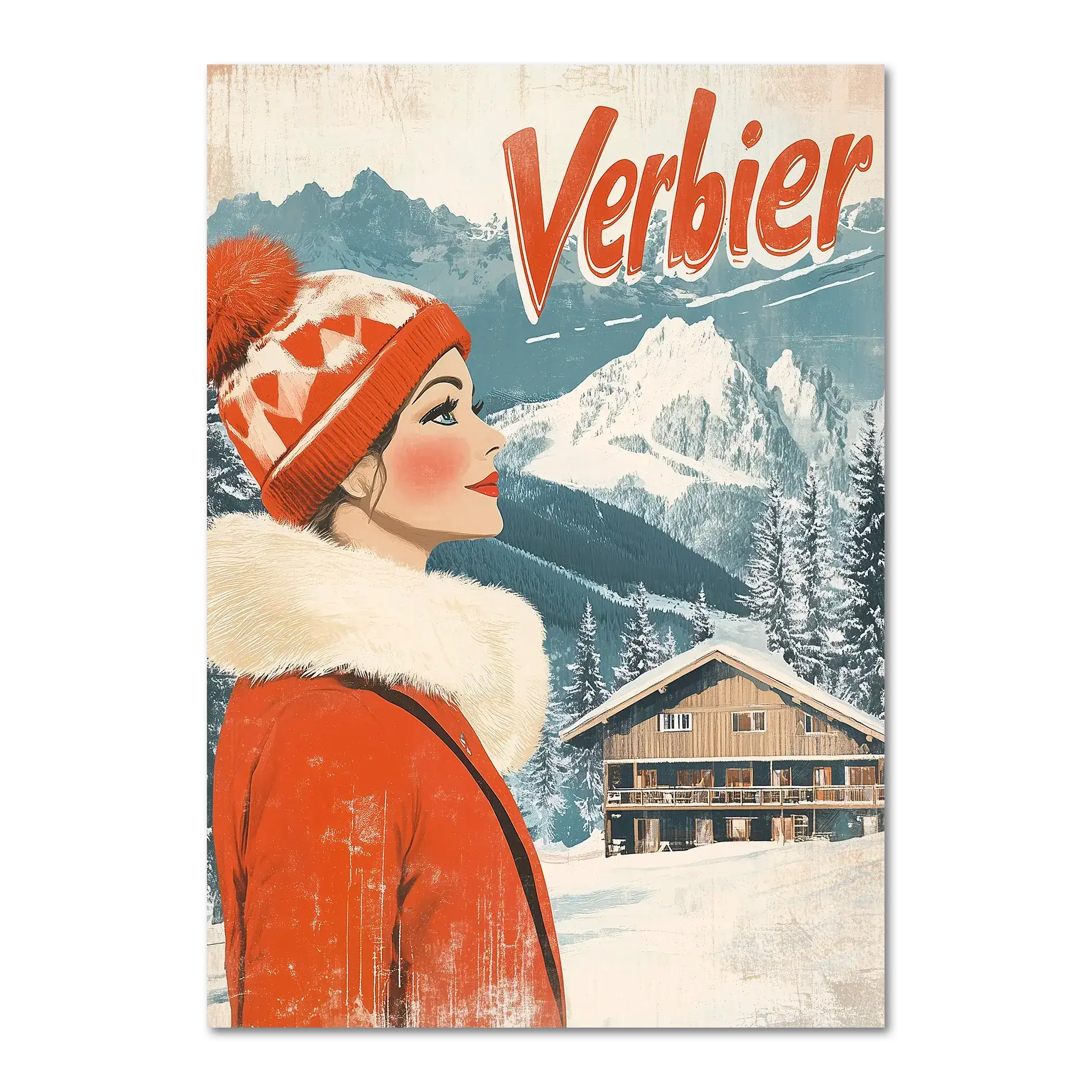 Verbier - Winter Elegance - Poster features a woman in red coat gazing at snowy mountains with a cozy chalet.