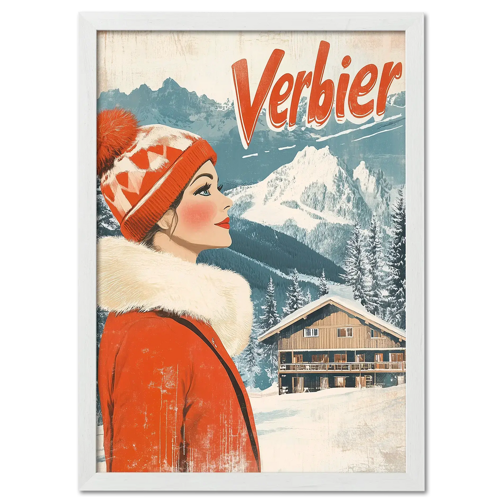 Verbier - Winter Elegance - Poster featuring a woman in a red coat against snowy mountains and a wooden chalet.