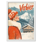 Verbier - Winter Elegance - Poster featuring a woman in a red coat against snowy mountains and a wooden chalet.