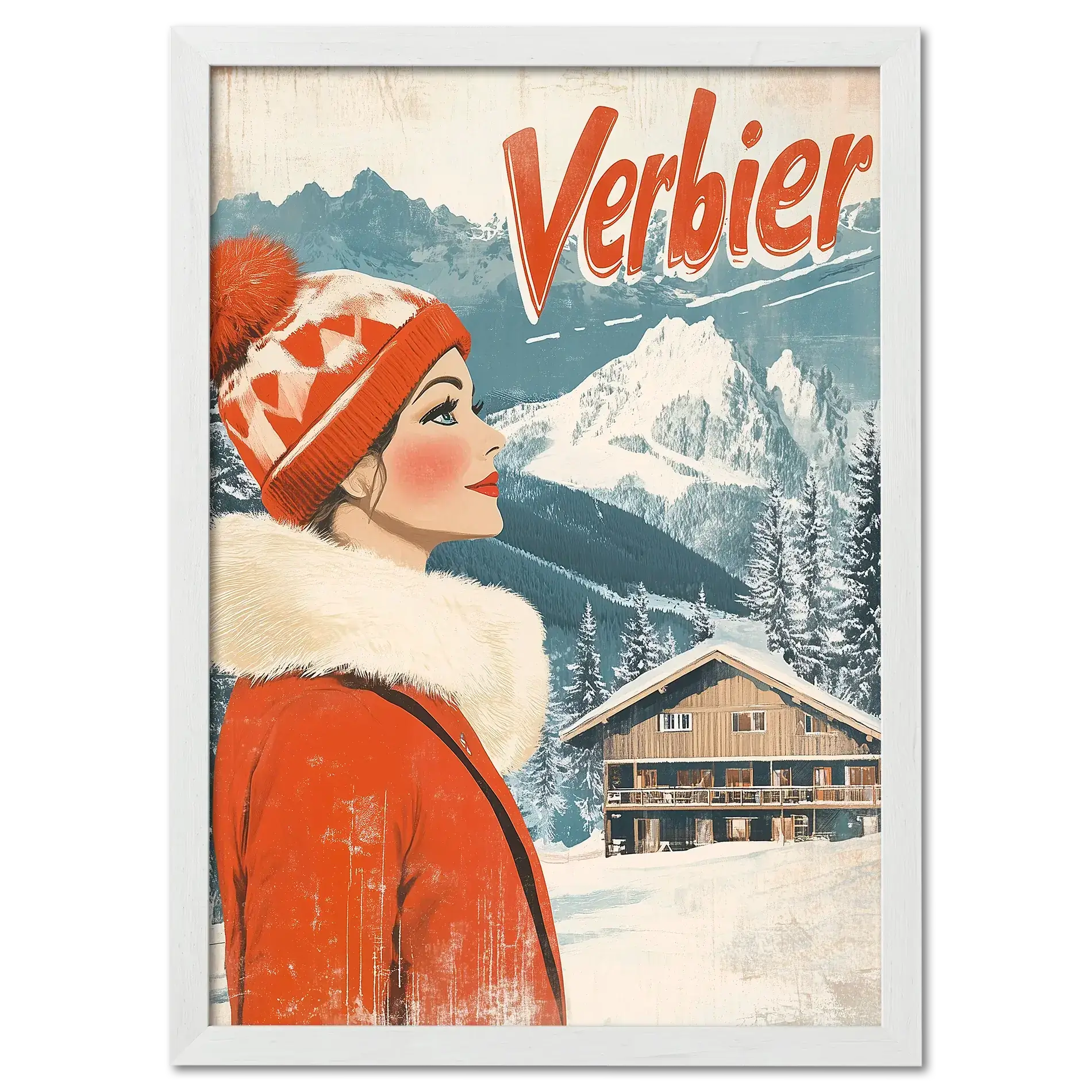 Verbier - Winter Elegance - Poster featuring a woman in a red coat against snowy mountains and a wooden chalet.
