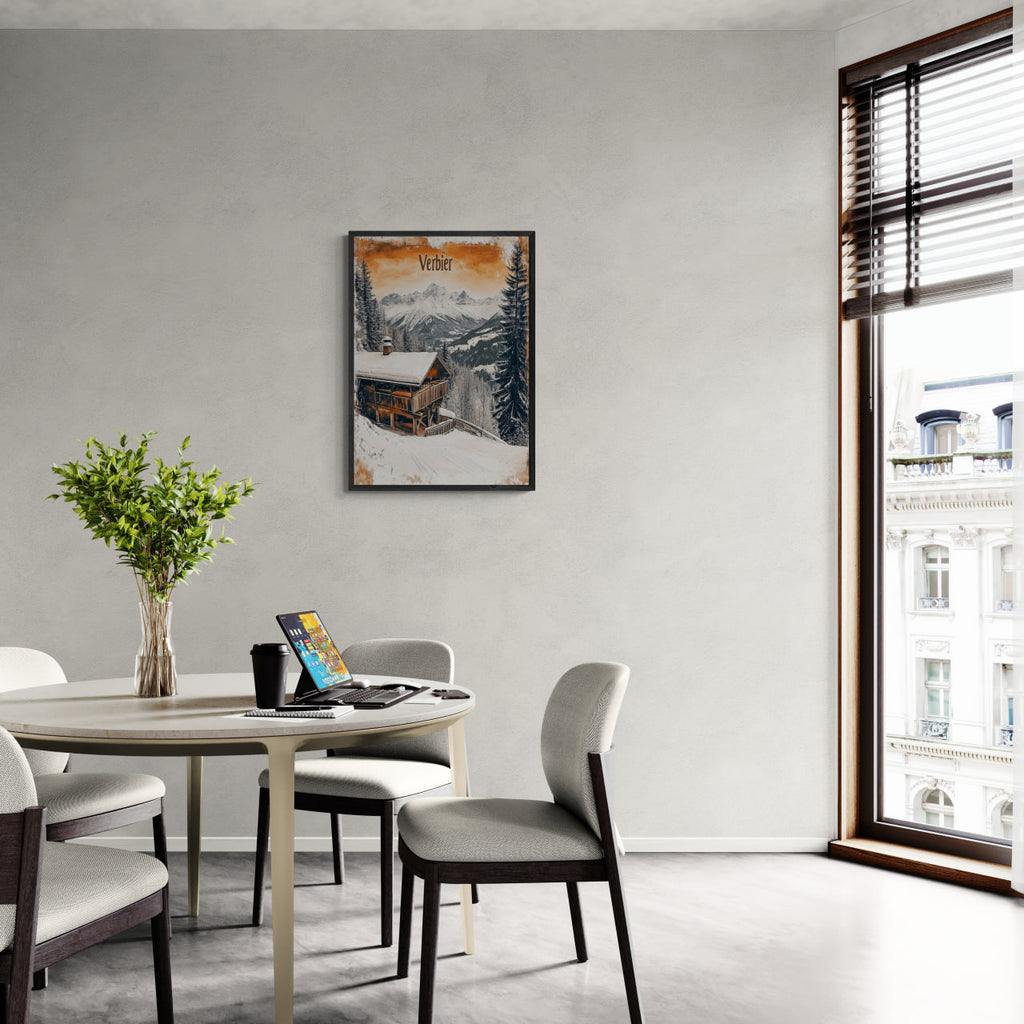 Verbier - Winter Retreat - Poster displayed in a modern dining area with a view.