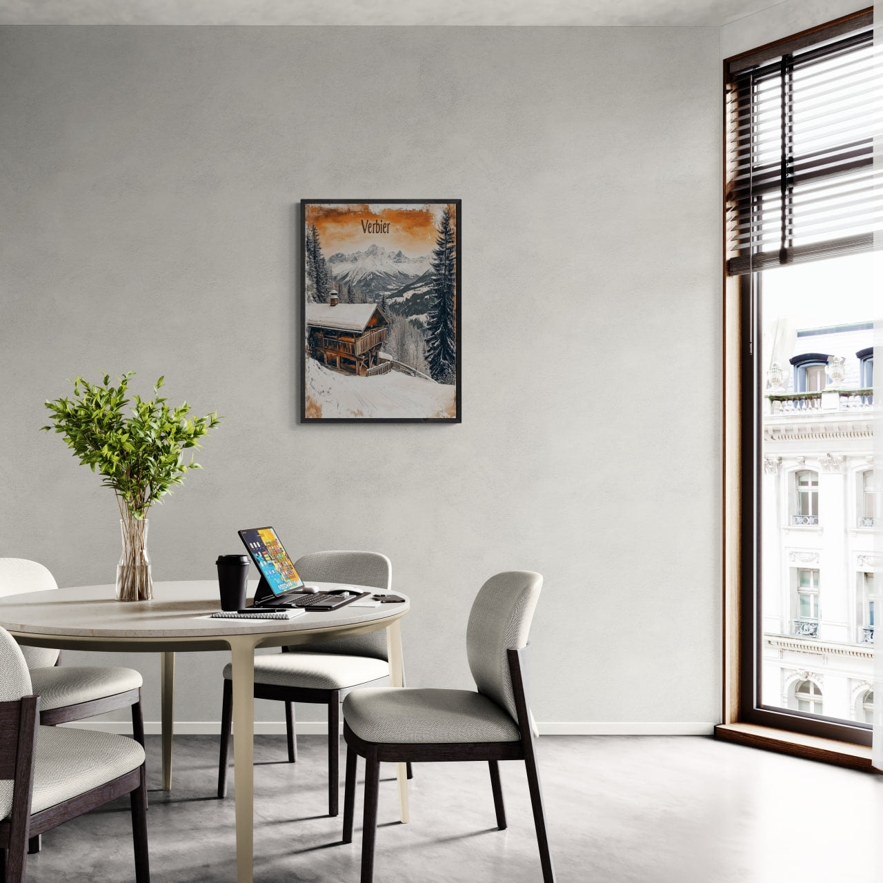 Verbier - Winter Retreat - Poster displayed in a modern dining area with a view.
